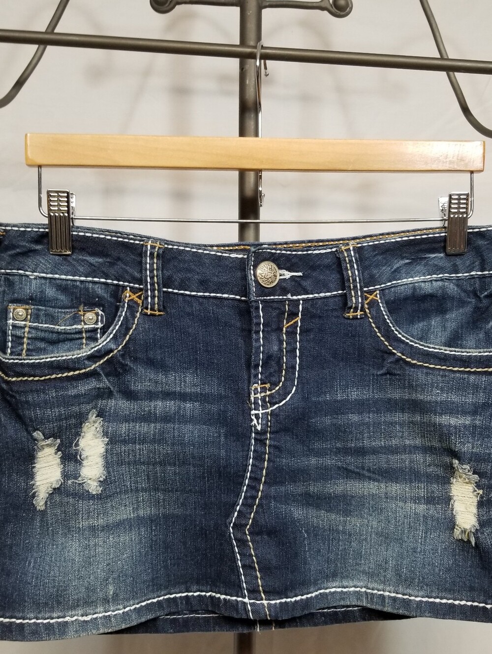 Amethyst Jeans Dark Blue Distressed Junior 7 Denim Ultra Mini Skirt